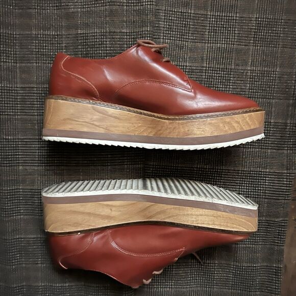 Zara Brick Red Wooden Platform Oxfords 70s Preppy Wedges Size 7.5 EU 38 - Picture 3 of 10